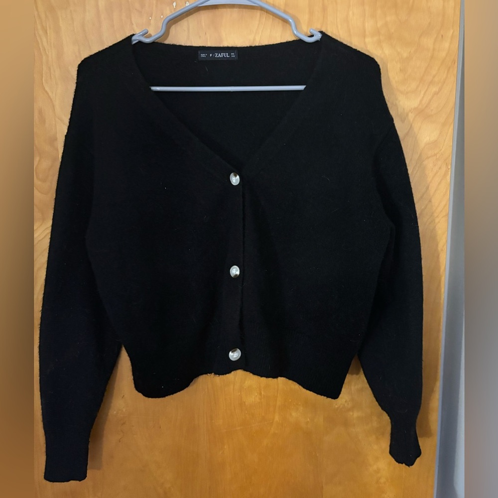 Zaful Classic Black Cardigan with Pearl Buttons